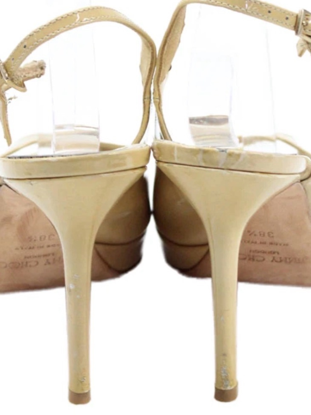 Jimmy Choo Beige Patent Leather Peep-Toe Slingback Heels 38.5 - Picture 3 of 6